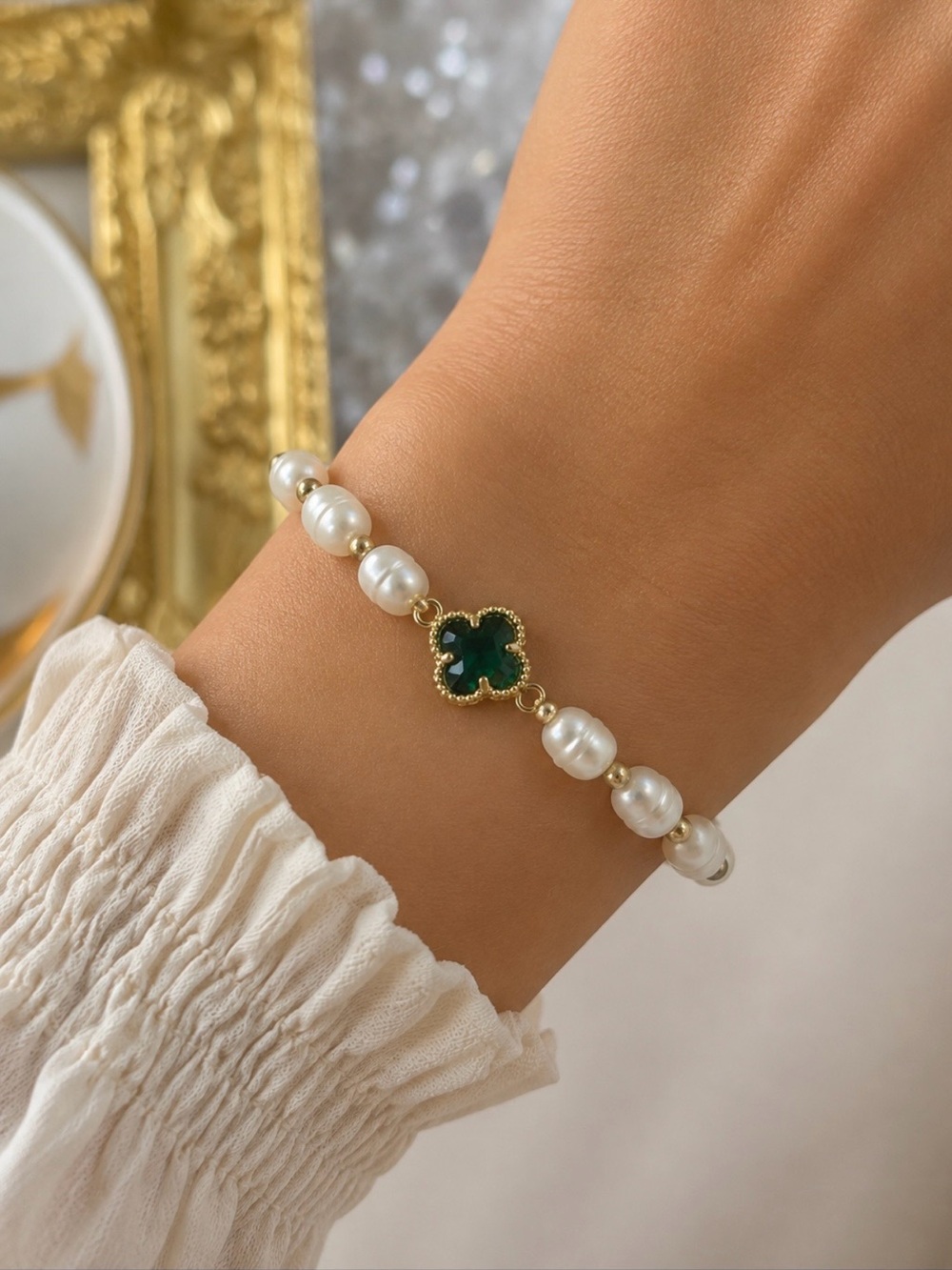 Pearl & Emerald Clover Bracelet | Gold Tone | Gift Box Included